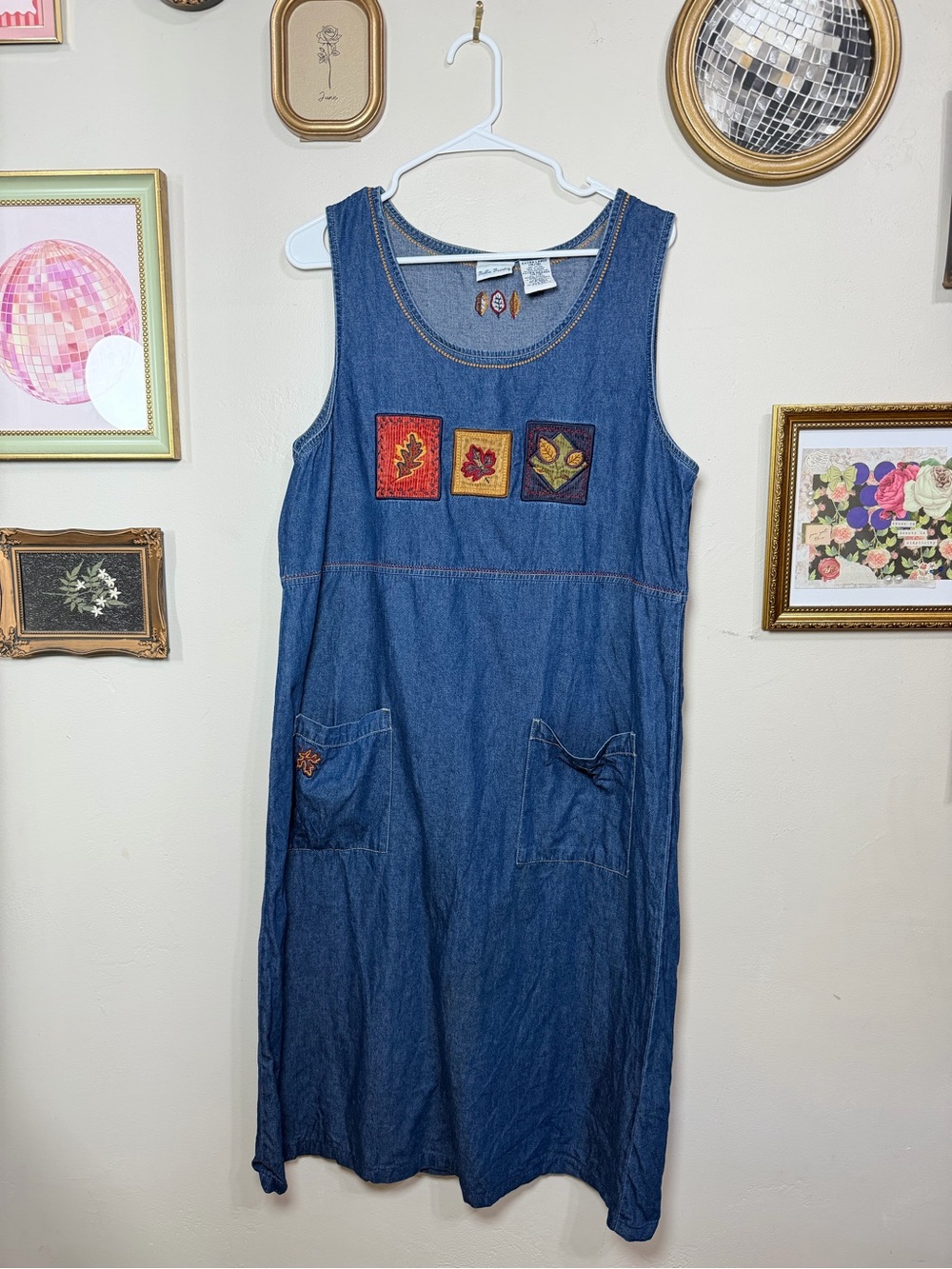 Vintage 90s Bobbie Brooks Denim Dress Leaf Patches Embroider Midi - Sz XL 16/18